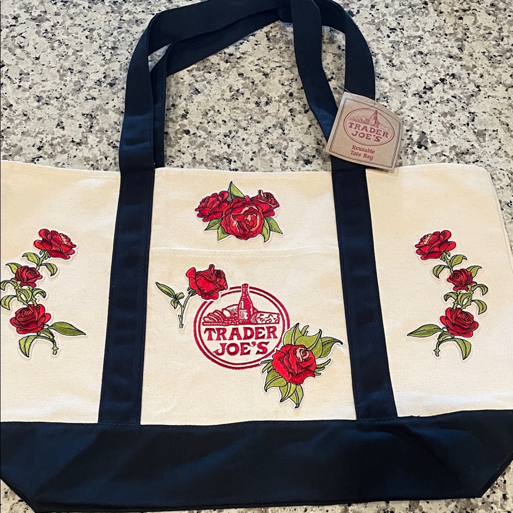 Trader Joe’s trendy viral blue canvas tote, customized, floral, red roses, NWT